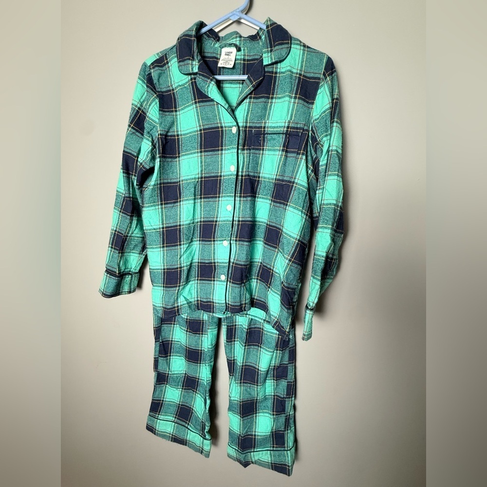 Lands End 100% Cotton Flannel Plaid Pajama Set Womens Sz S Green/Blue